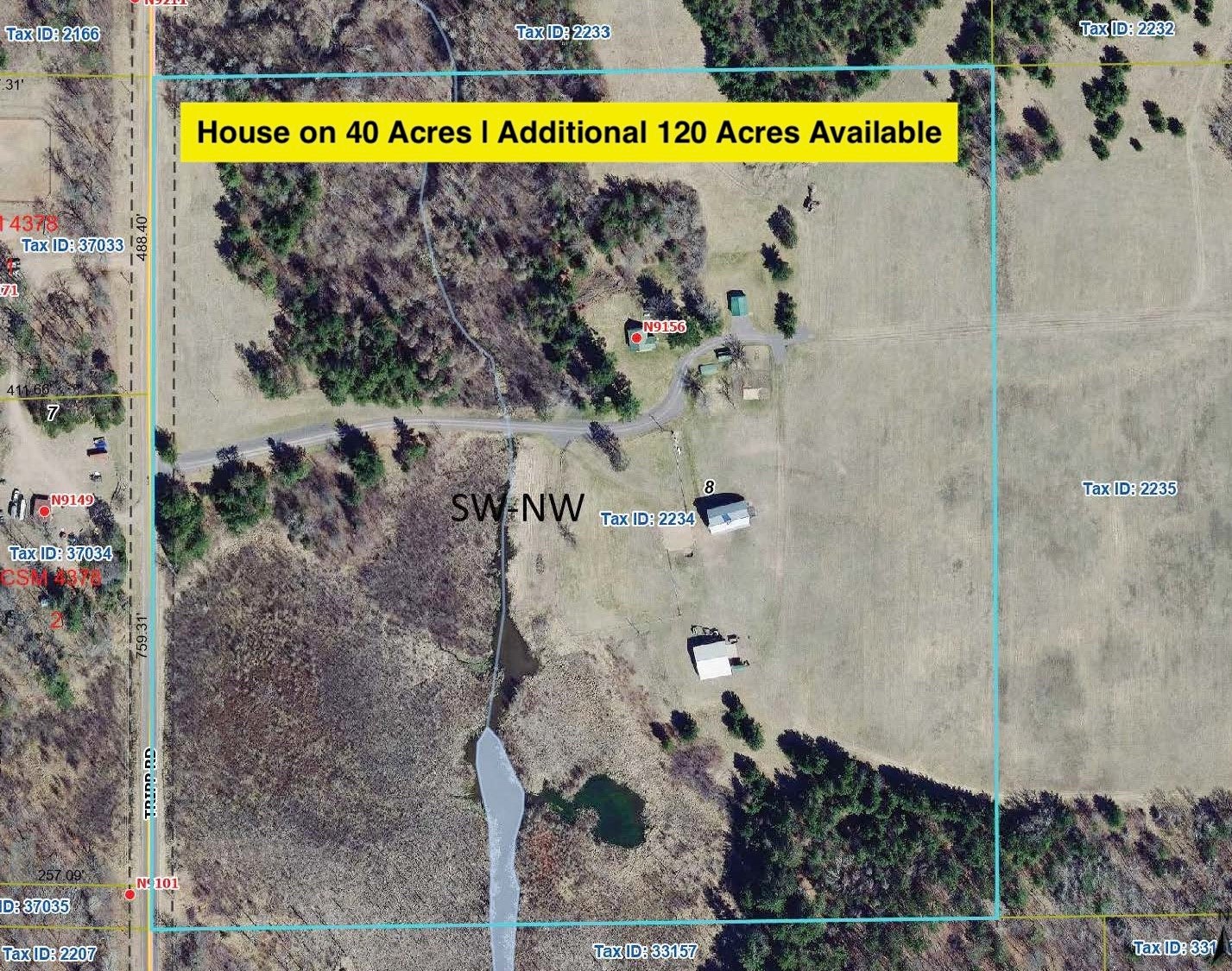 9156 Tripp Road Springbrook, WI 54875 - Photo 2 of 59 Aerial image of House on 40 acres. Additional 120 Acres available