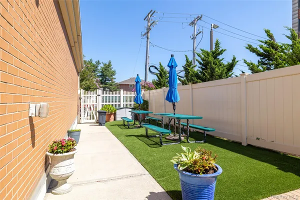 a garden view with a seating space