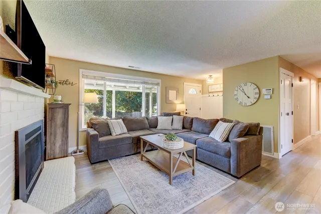 a living room with furniture a rug potted plant and a window