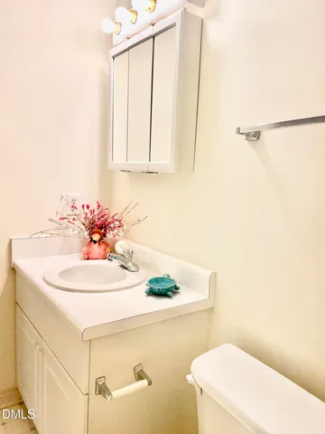 a bathroom with a sink vanity mirror and toilet