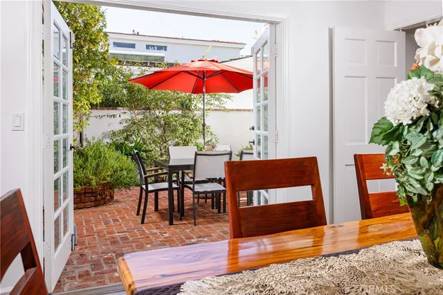 an outdoor space with furniture