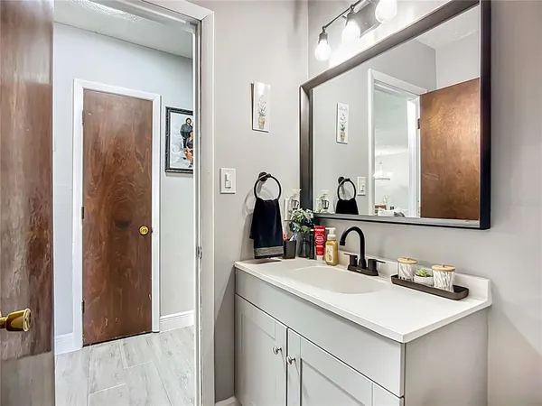 a bathroom with a sink and a mirror