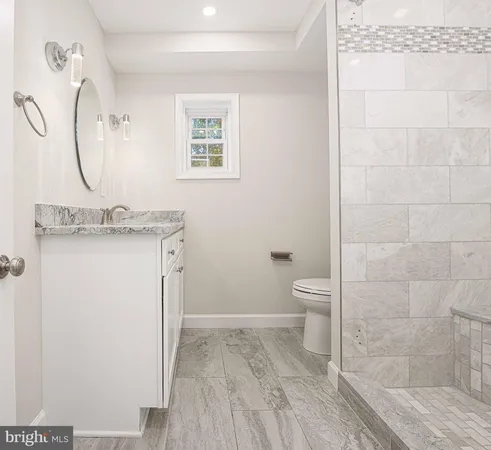 a bathroom with a granite countertop sink a toilet and a mirror