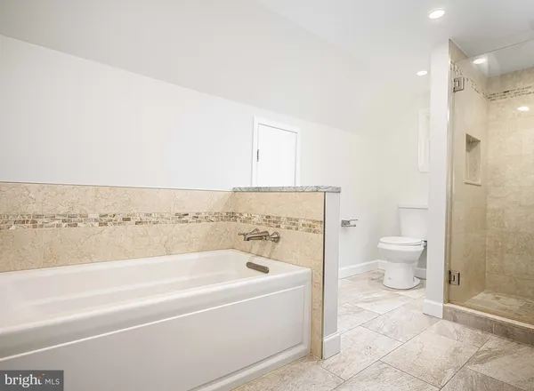 a bathroom with a bathtub and a toilet