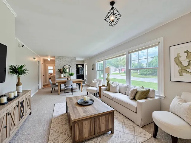 a living room with furniture a rug and a large window