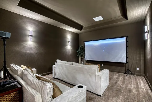 a projector room with furniture and screen