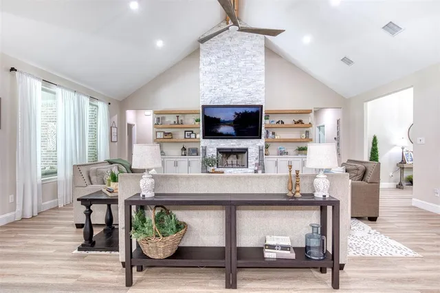 a living room with fireplace furniture and a flat screen tv