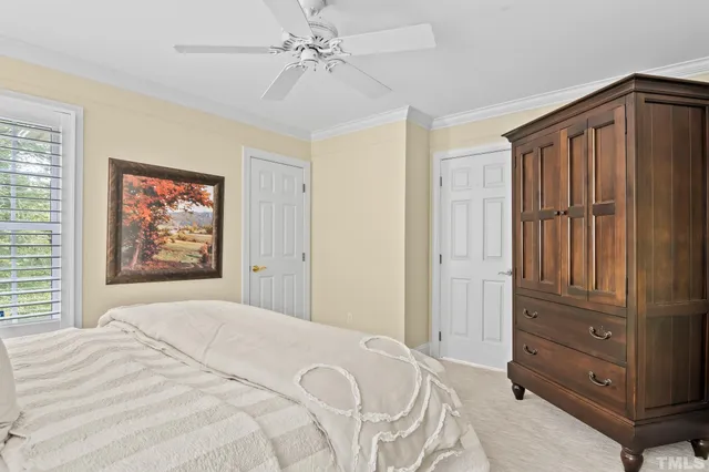 a view of a swimming pool with a yard and large trees