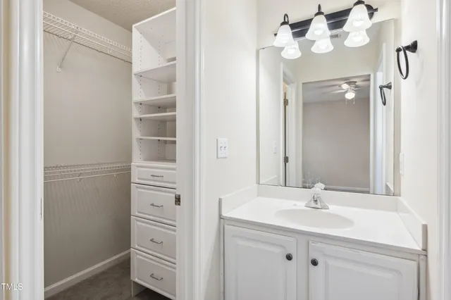 a bathroom with a sink vanity and a mirror