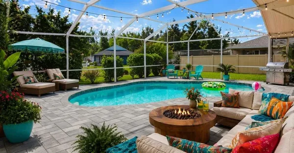 a swimming pool with patio outdoor seating and yard