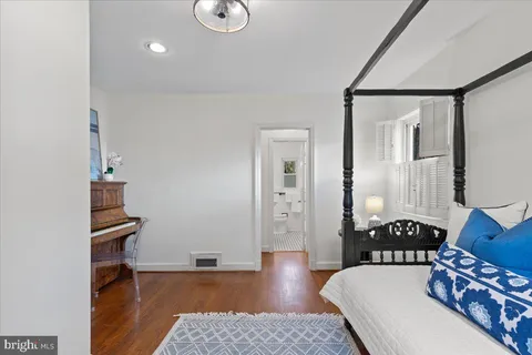 a bedroom with furniture and a wooden floor