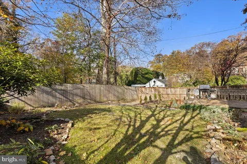 a view of a backyard with wooden fence and a large tree