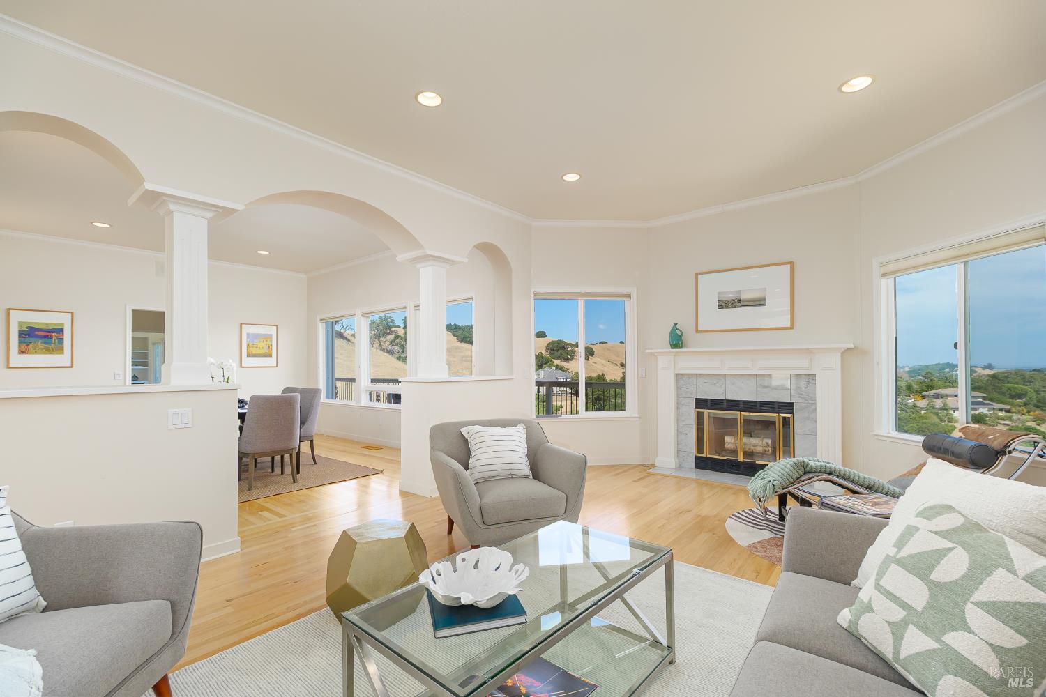 15 Ravine Way Novato, CA 94947 - Photo 8 of 48 Living room with fireplace, mostly all rooms have panoramic views