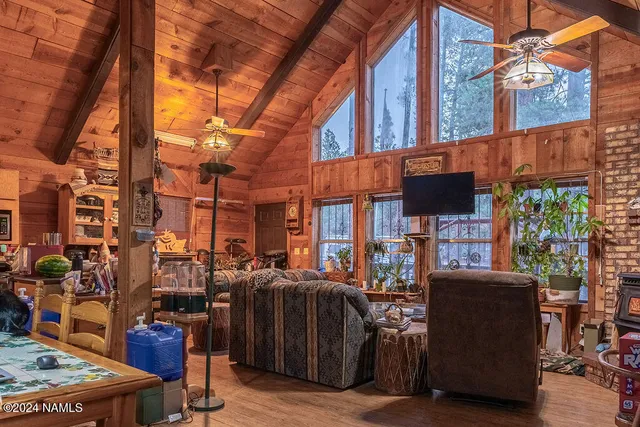 a view of a backyard with large trees