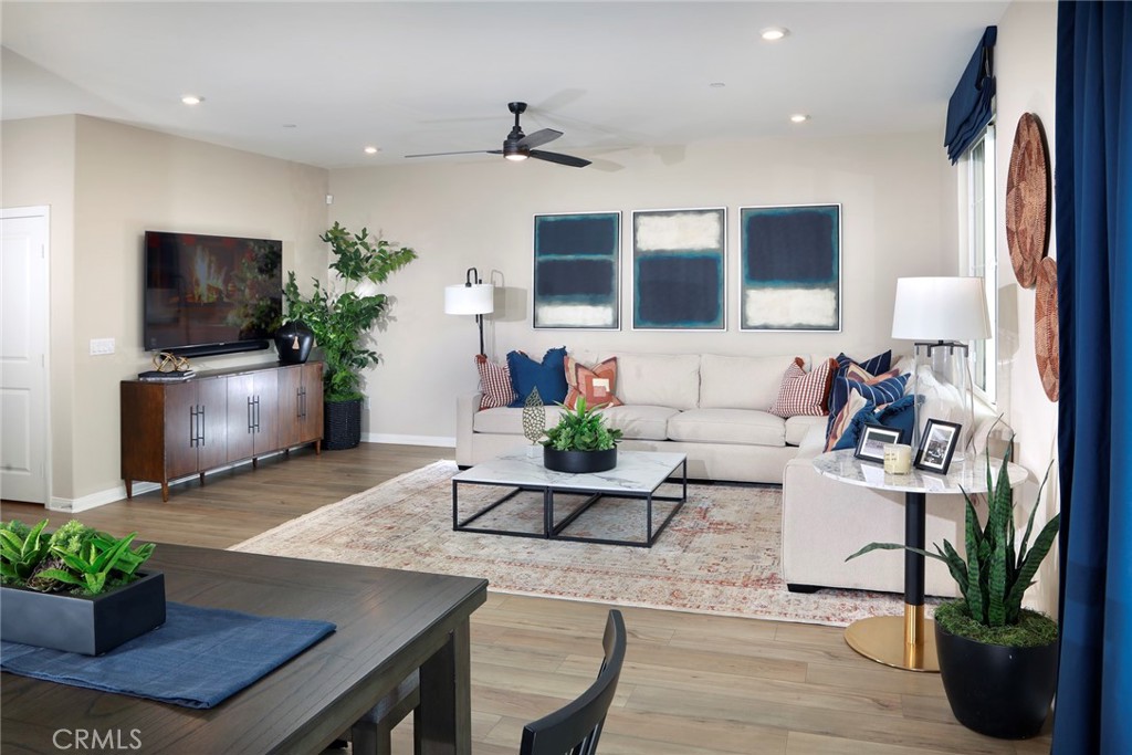 a living room with furniture potted plant and a flat screen tv