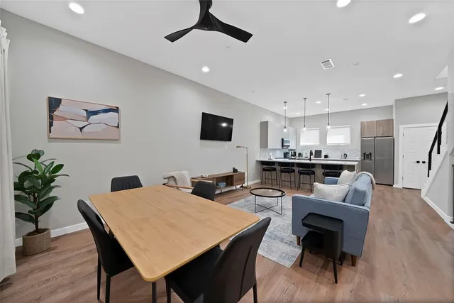 a view of a dining room with furniture