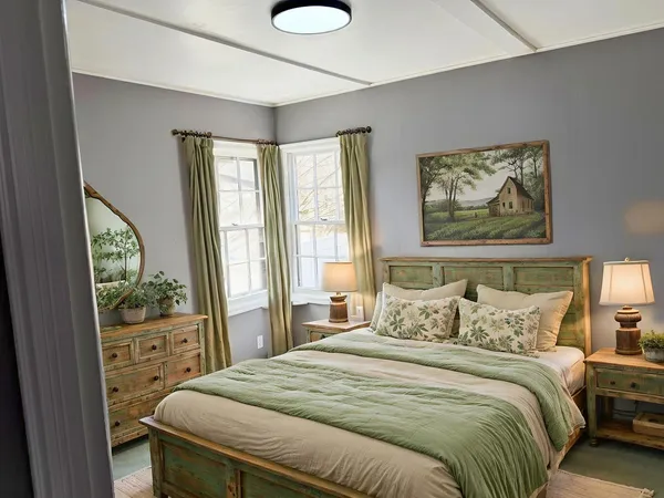 a bedroom with a large bed and a window