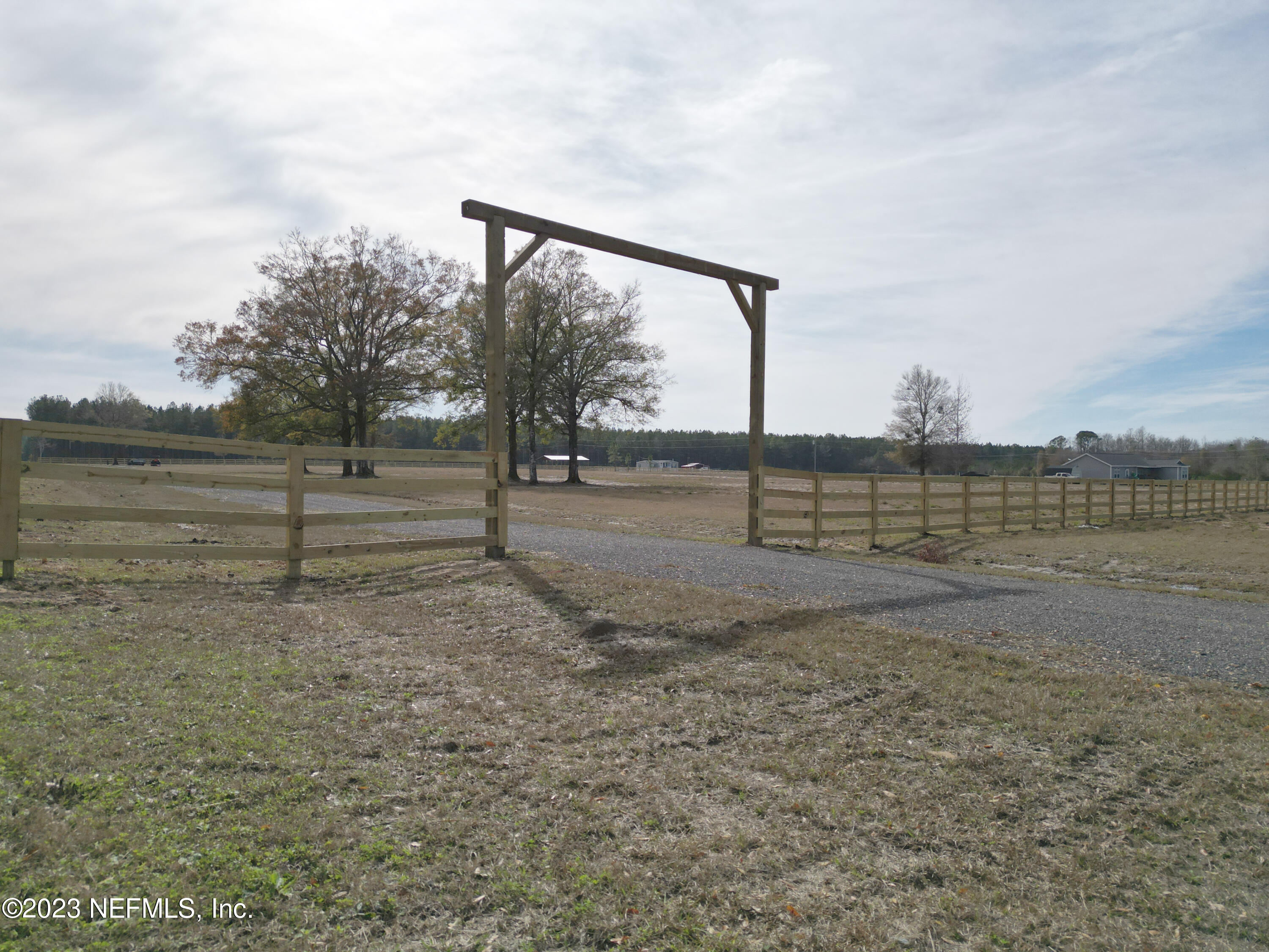 a view of a yard with a bench