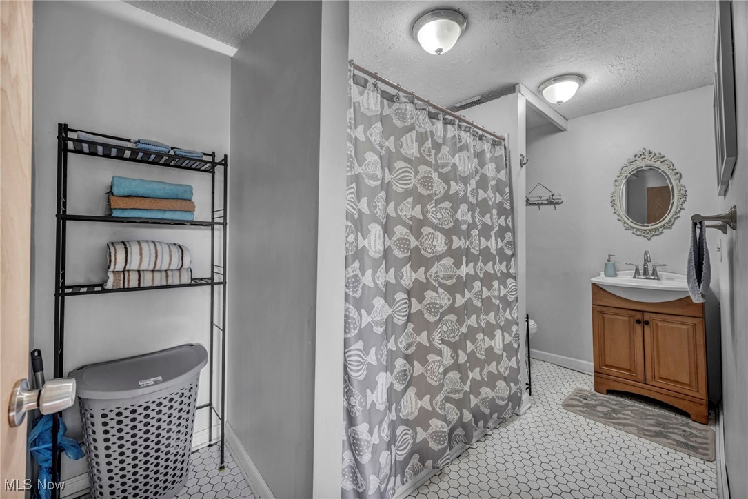 4743 County Line Road Newton Falls, OH 44444 - Photo 26 of 36 Bathroom on lower level with a textured ceiling, vanity, curtained shower, and tile patterned flooring