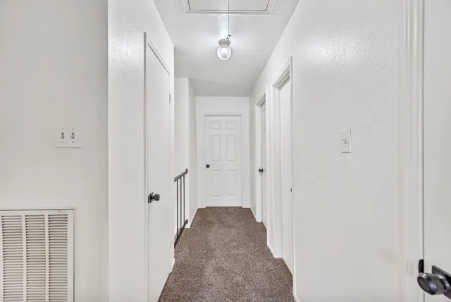 a view of a hallway with a walk in closet
