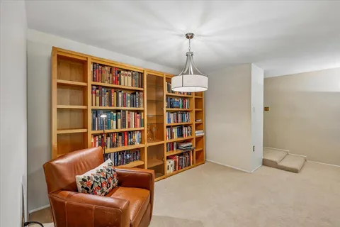 a living room with furniture and a book shelf