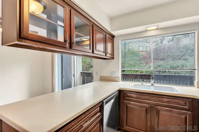 a view of a kitchen from a window
