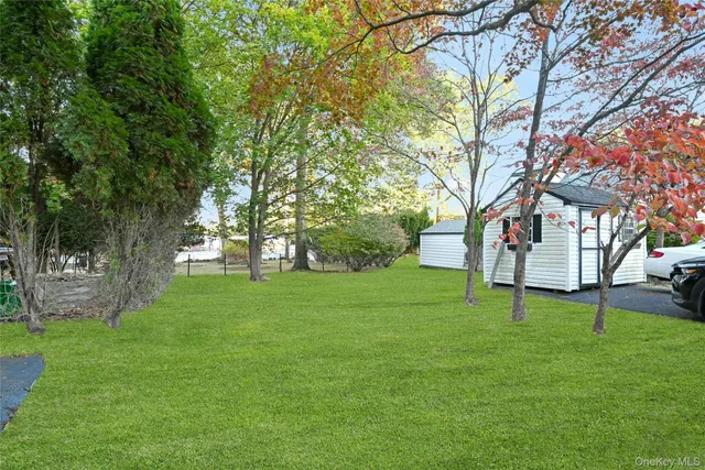 a small white house with a yard and a large tree