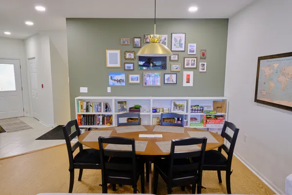 a view of a dining room with furniture