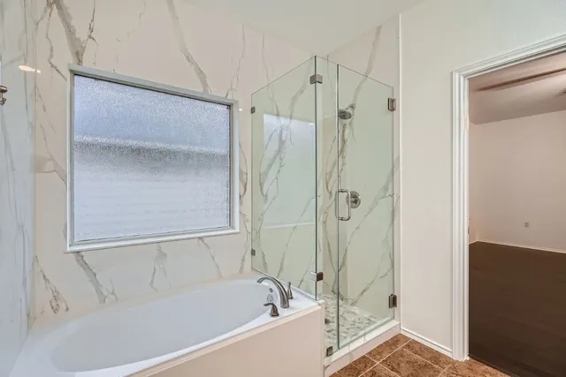 a bathroom with a bathtub and a shower