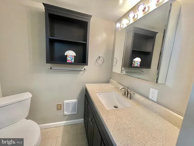 a bathroom with a sink a toilet and a mirror