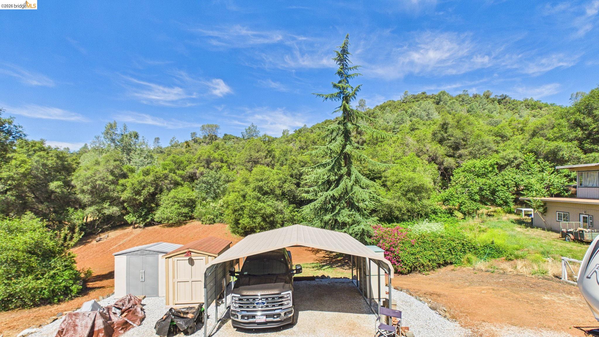 11858 Campo Seco Road Sonora, CA 95370 - Photo 38 of 45 Spacious gravel area featuring a metal carport structure, two freestanding storage sheds, and a substantial evergreen tree