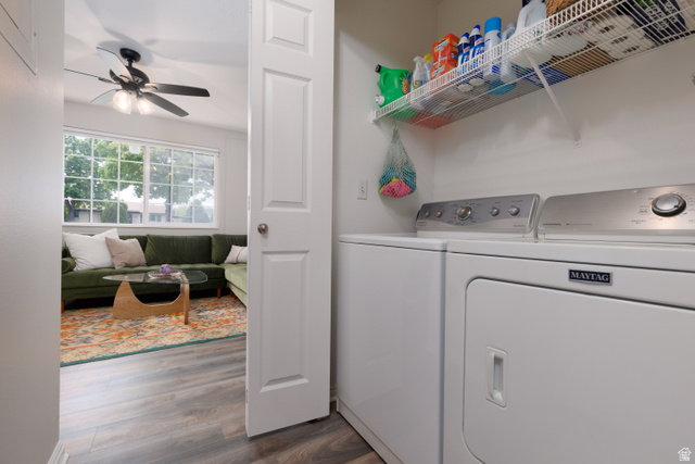 260 400 North, Unit 1 Orem, UT 84057 - Photo 10 of 17 Laundry area featuring dark wood-style floors, ceiling fan, and washer and clothes dryer