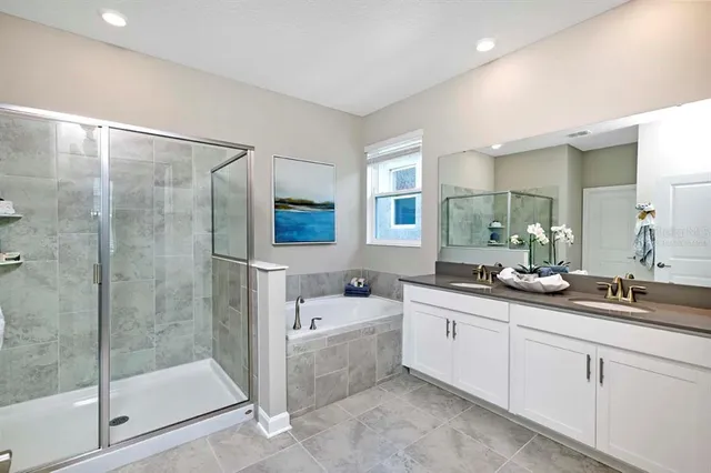 a bathroom with a tub sink shower and mirror