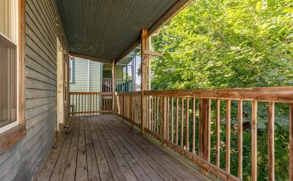 a view of a wooden balcony