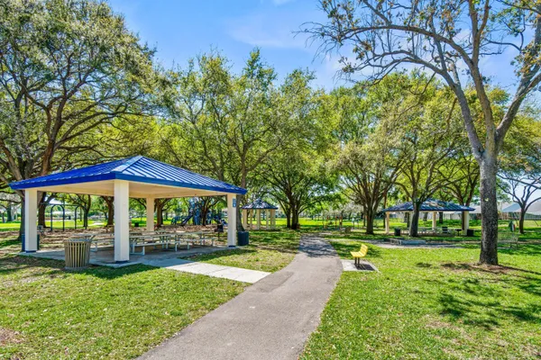 a view of a park with large trees
