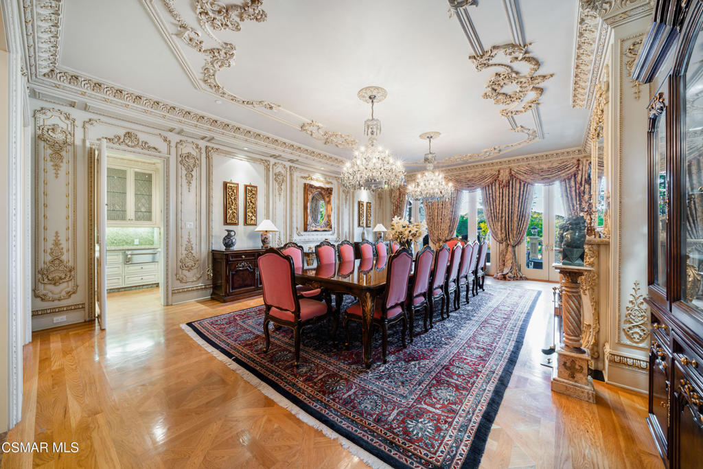 900 West Stafford Road Thousand Oaks, CA 91361 - Photo 38 of 73 a view of a dining room with furniture a chandelier and wooden floor
