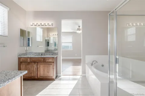 a bathroom with a granite countertop sink a mirror and shower
