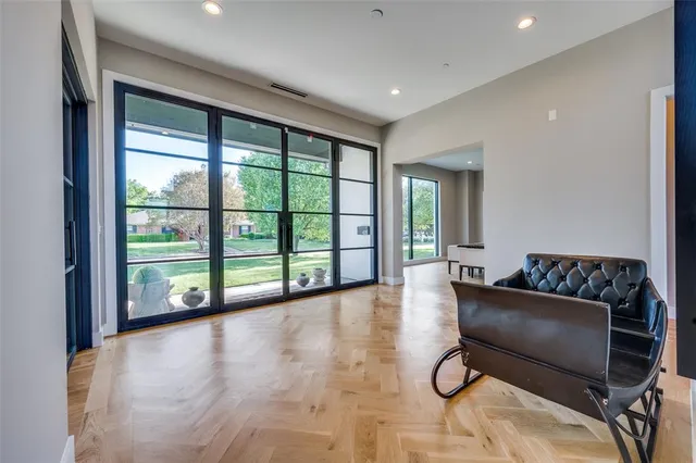 a hallway with a large window