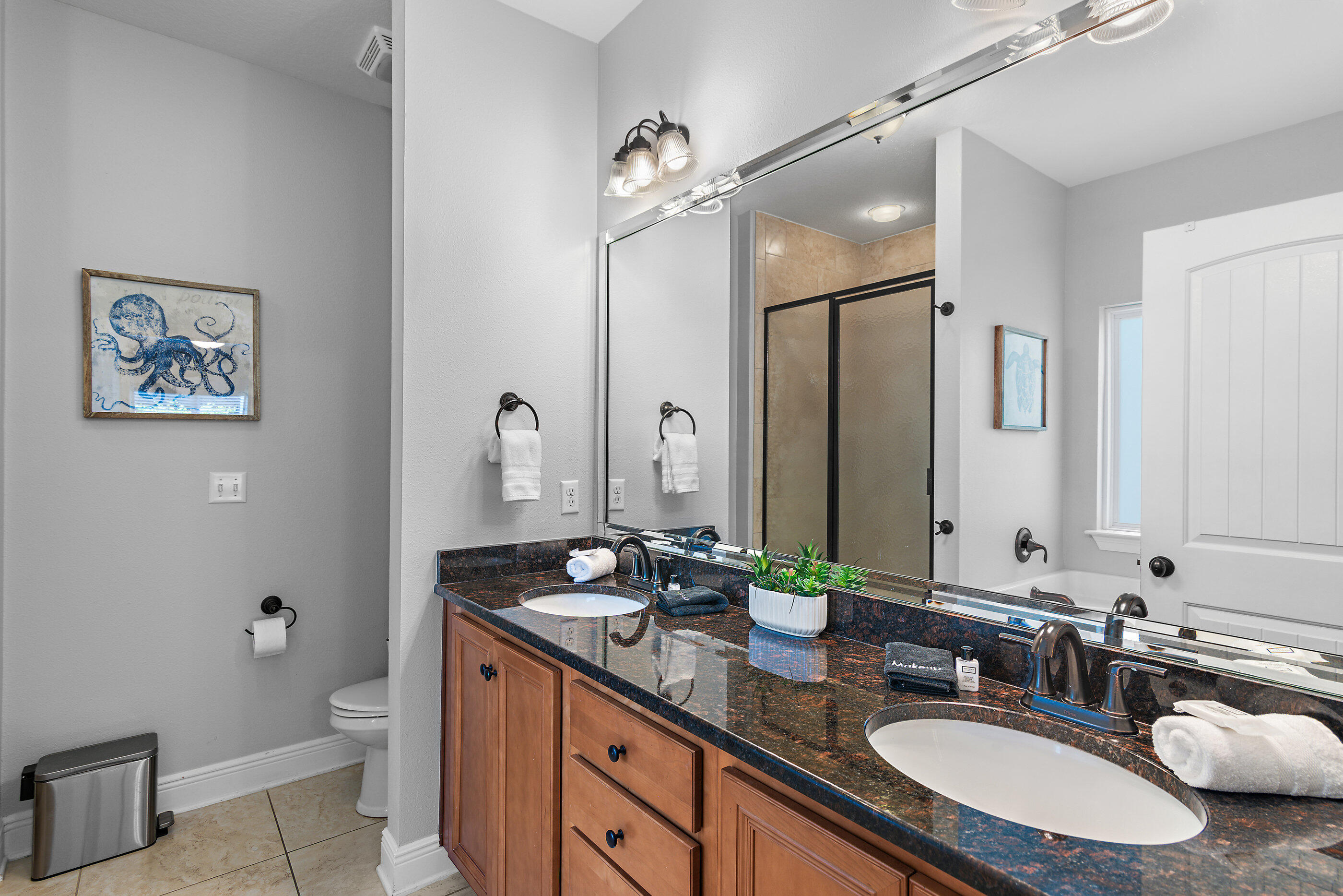 166 Ocean Spray Circle Santa Rosa Beach, FL 32459 - Photo 21 of 31 a bathroom with a granite countertop sink a toilet a mirror and shower