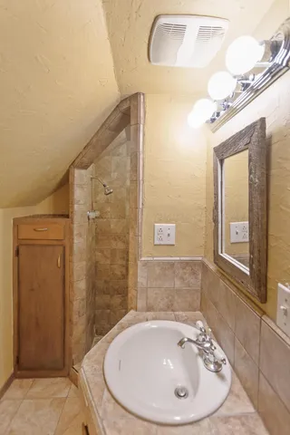 a bathroom with a sink a shower and a mirror