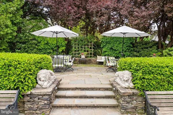 a view of a patio with table and chairs potted plants and large tree