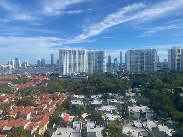 a view of a city with lush green space