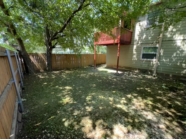 a view of a backyard with a tree