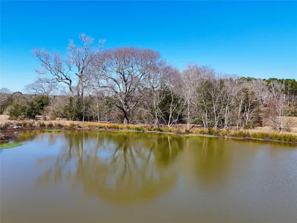 a view of a lake with houses in the back