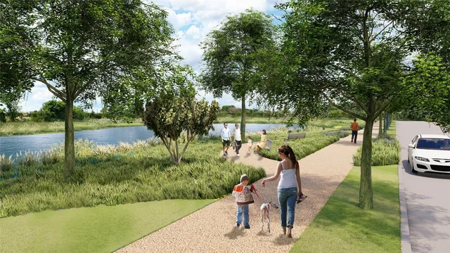 a view of a park with swings and slides