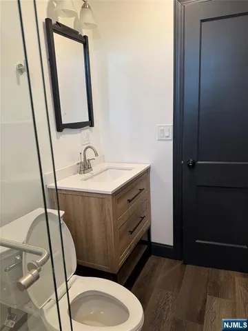 a bathroom with a sink a toilet and mirror