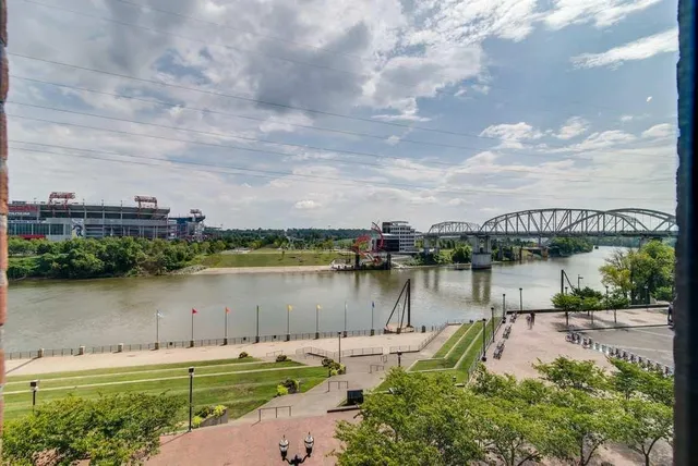 a view of a lake with a city