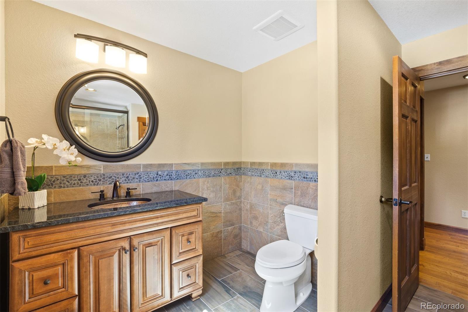 8331 South Warhawk Road Conifer, CO 80433 - Photo 28 of 40 a bathroom with a sink a toilet and a mirror