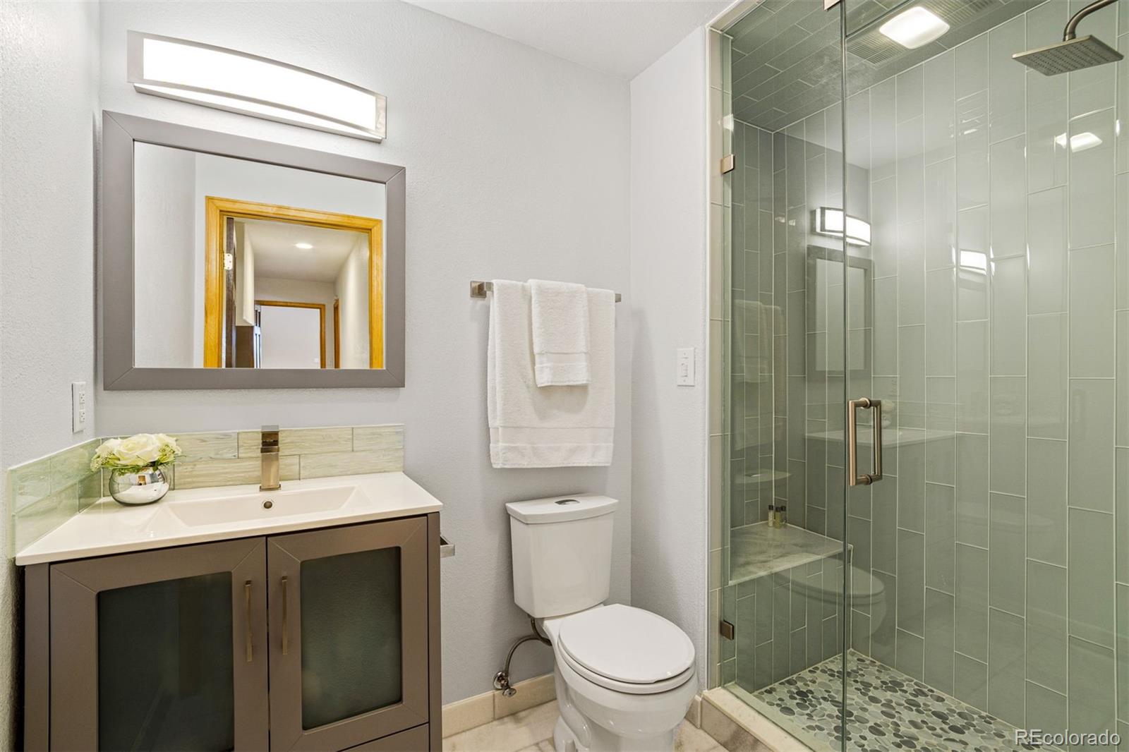 8331 South Warhawk Road Conifer, CO 80433 - Photo 32 of 40 a bathroom with a sink a toilet and shower