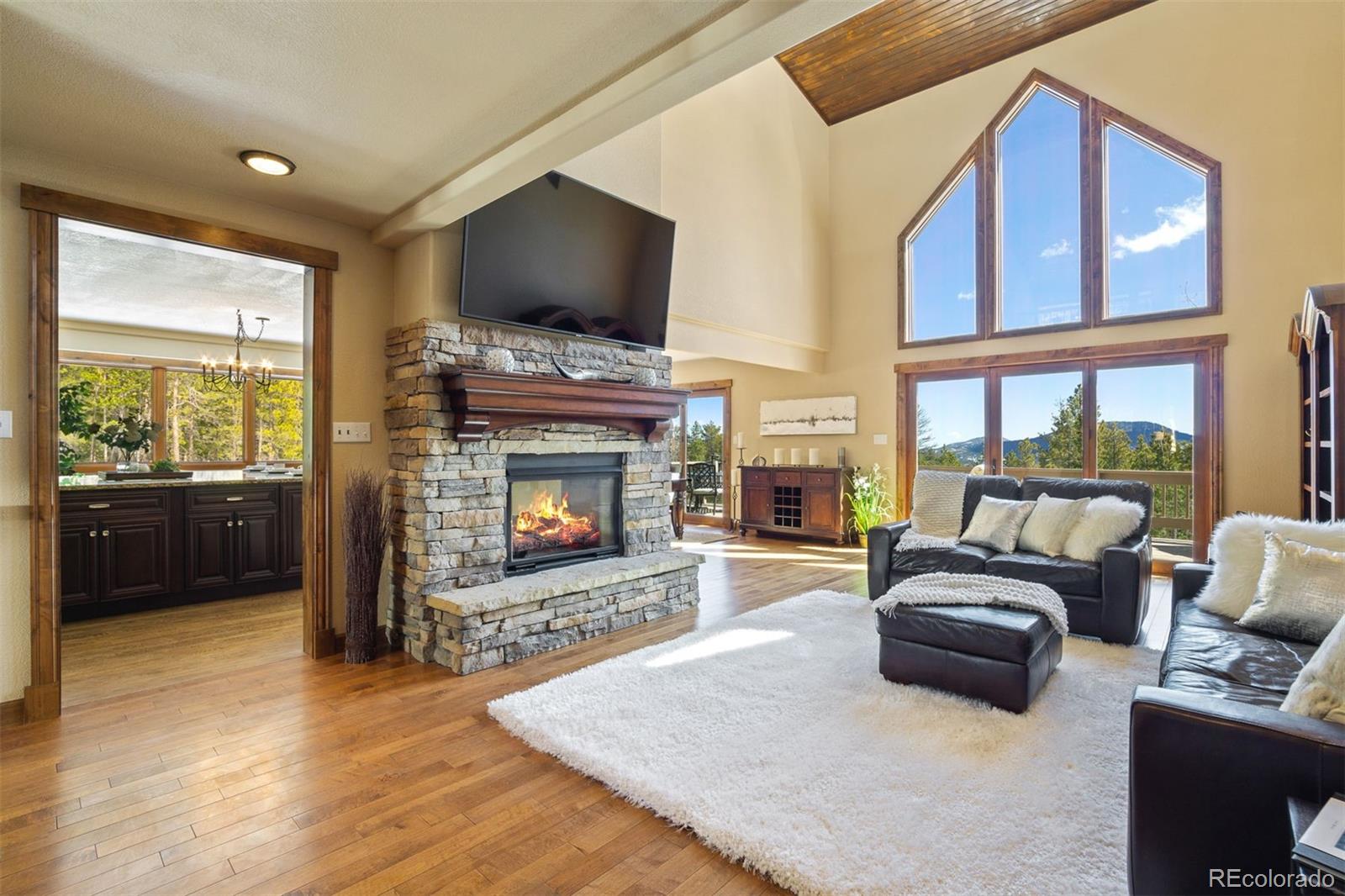 8331 South Warhawk Road Conifer, CO 80433 - Photo 5 of 40 a living room with furniture a flat screen tv and a fireplace